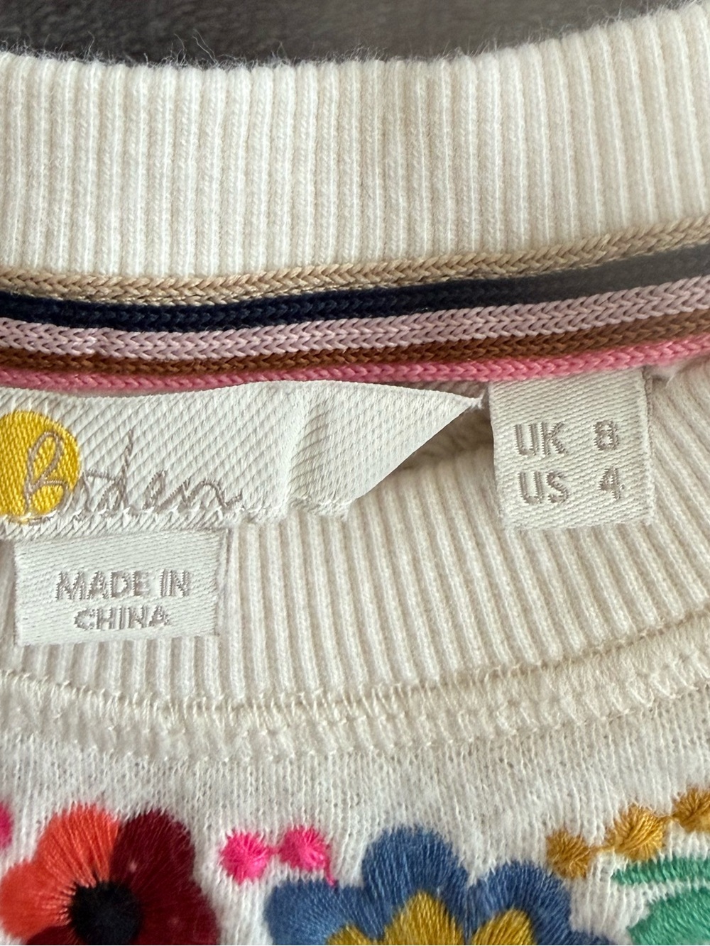 Boden Embroidered Blouson Sweatshirt Size 4 Uk 8 Cream Floral Boho Crew Cotton - Picture 9 of 11